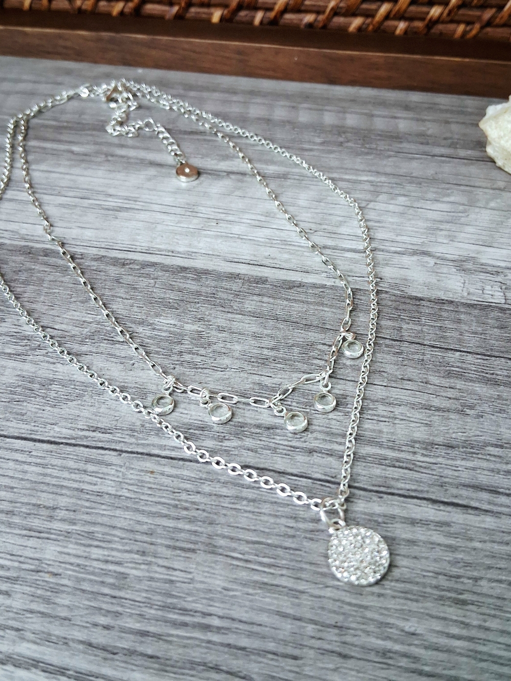 Silver Layered Rhinestone Disc Charm Necklace - Adjustable - Picture 2 of 4